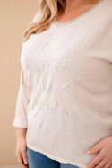 Bluzka damska Plus Size przecierana z napisem i perełkami beżowa