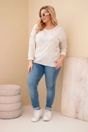 Bluzka damska Plus Size przecierana z napisem i perełkami beżowa