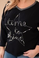 Bluzka damska Plus Size przecierana z napisem i perełkami czarna