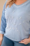 Bluzka damska Plus Size przecierana z napisem i perełkami jeansowa