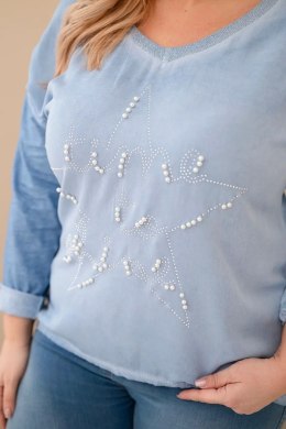 Bluzka damska Plus Size przecierana z napisem i perełkami jeansowa