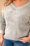Bluzka damska Plus Size przecierana z napisem i perełkami khaki