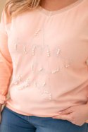 Bluzka damska Plus Size przecierana z napisem i perełkami morelowa