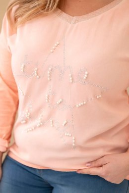 Bluzka damska Plus Size przecierana z napisem i perełkami morelowa