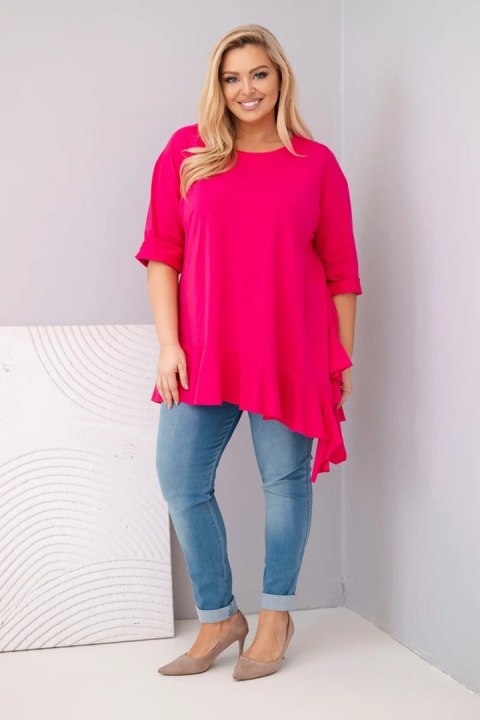Bluzka damska Plus Size z bawełną z falbaną i rękawem podwijanym fuksja