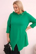 Bluzka damska bawełniana Plus Size asymetryczna z podwijanym rękawem zielona