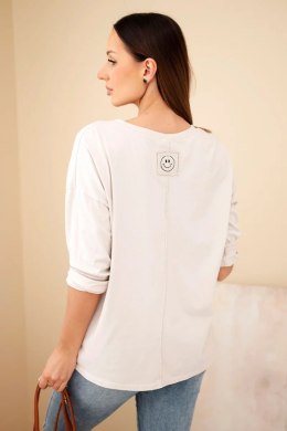 Bluzka damska bawełniana z dekoltem V z długim rękawem beżowa