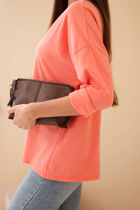 Bluzka damska bawełniana z dekoltem V z długim rękawem koralowa