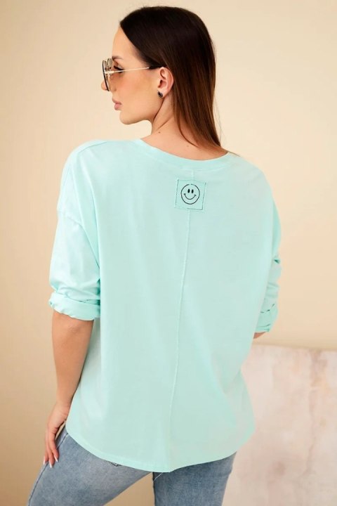 Bluzka damska bawełniana z dekoltem V z długim rękawem miętowa