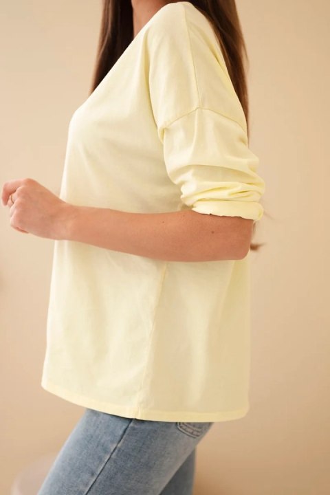 Bluzka damska bawełniana z dekoltem V z długim rękawem żółta