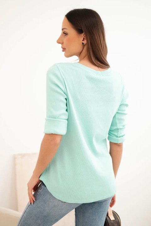 Bluzka damska bawełniana z długim rękawem i guzikami przy dekolcie miętowa