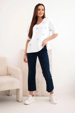Bluzka damska bawełniana z długim rękawem i serduszkami biały+niebieski
