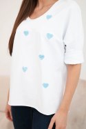 Bluzka damska bawełniana z długim rękawem i serduszkami biały+niebieski