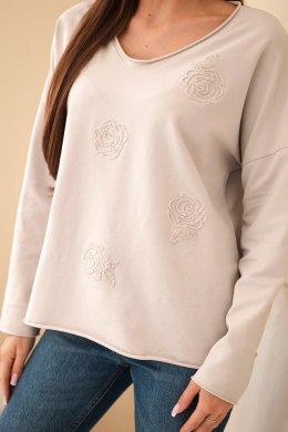 Bluzka damska bawełniana z haftowanymi kwiatami i dekoltem V beżowa
