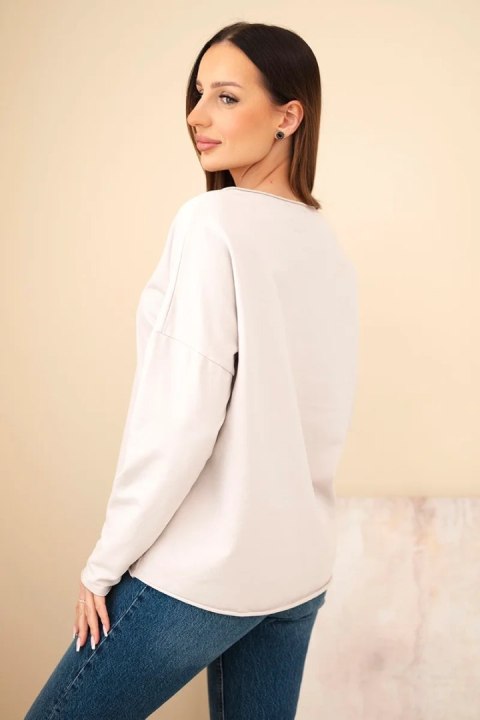 Bluzka damska bawełniana z haftowanymi kwiatami i dekoltem V beżowa