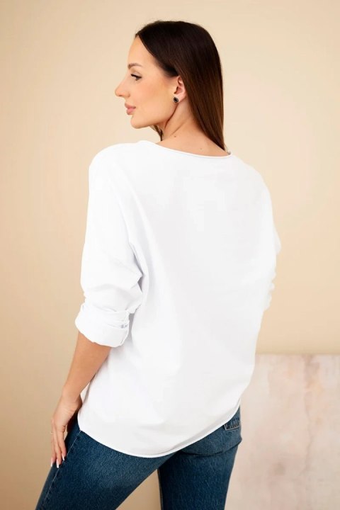 Bluzka damska bawełniana z haftowanymi kwiatami i dekoltem V biały+różowy