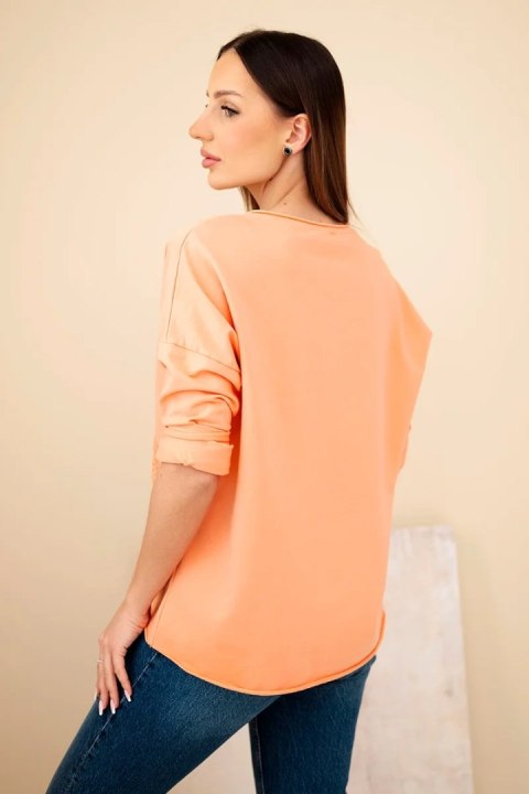 Bluzka damska bawełniana z haftowanymi kwiatami i dekoltem V morelowa