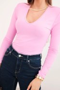 Bluzka damska z dekoltem V z długim rękawem cukierkowy róż