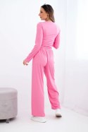 Komplet damski wiskozowy z bluzką i szerokimi spodniami jasno różowy