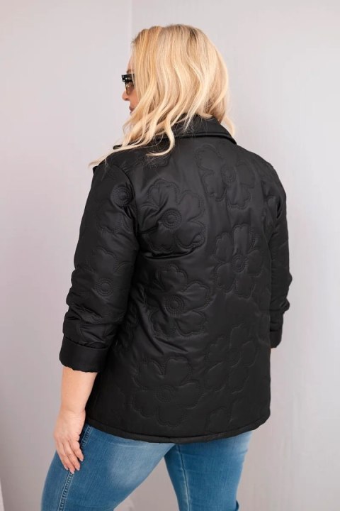 Kurtka damska Plus Size pikowana w kwiaty z kołnierzem i kieszeniami czarna