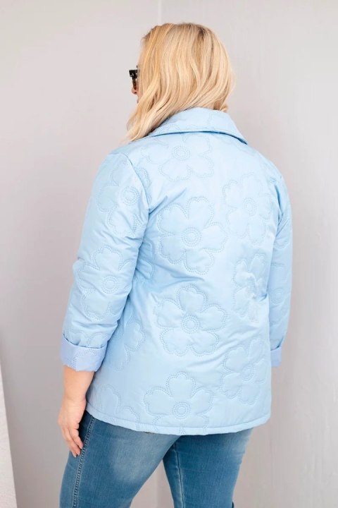 Kurtka damska Plus Size pikowana w kwiaty z kołnierzem i kieszeniami niebieska
