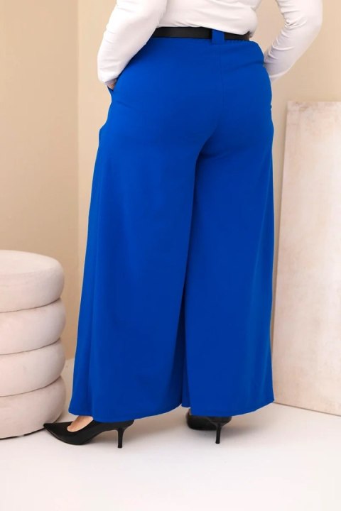 Spodnie damskie Plus Size wiskozowe z szeroką nogawką i paskiem chabrowe