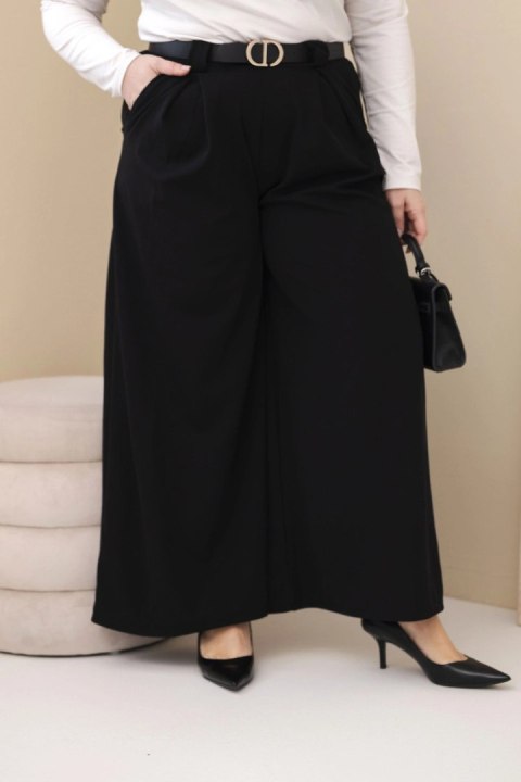 Spodnie damskie Plus Size wiskozowe z szeroką nogawką i paskiem czarne