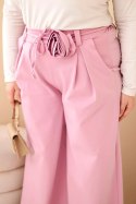 Spodnie damskie Plus Size z szeroką nogawką i ozdobnym kwiatem w talii ciemno różowe