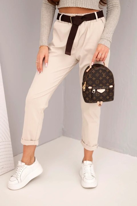 Spodnie damskie bawełniane z paskiem i podwijaną nogawką beżowe