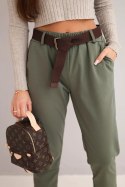 Spodnie damskie bawełniane z paskiem i podwijaną nogawką khaki