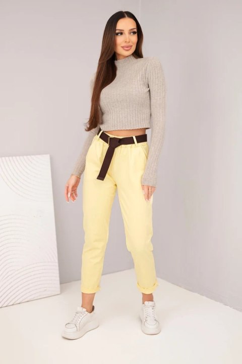 Spodnie damskie bawełniane z paskiem i podwijaną nogawką żółte