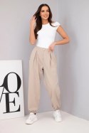 Spodnie damskie bawełniane z wysokim stanem i ozdobnym guzikiem beżowe