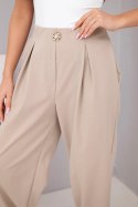 Spodnie damskie bawełniane z wysokim stanem i ozdobnym guzikiem beżowe