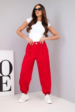 Spodnie damskie bawełniane z wysokim stanem i ozdobnym guzikiem czerwone