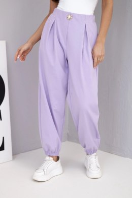 Spodnie damskie bawełniane z wysokim stanem i ozdobnym guzikiem jasno fioletowe