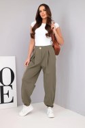 Spodnie damskie bawełniane z wysokim stanem i ozdobnym guzikiem khaki