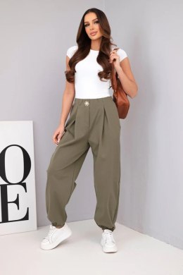 Spodnie damskie bawełniane z wysokim stanem i ozdobnym guzikiem khaki