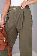 Spodnie damskie bawełniane z wysokim stanem i ozdobnym guzikiem khaki