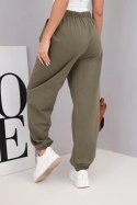 Spodnie damskie bawełniane z wysokim stanem i ozdobnym guzikiem khaki