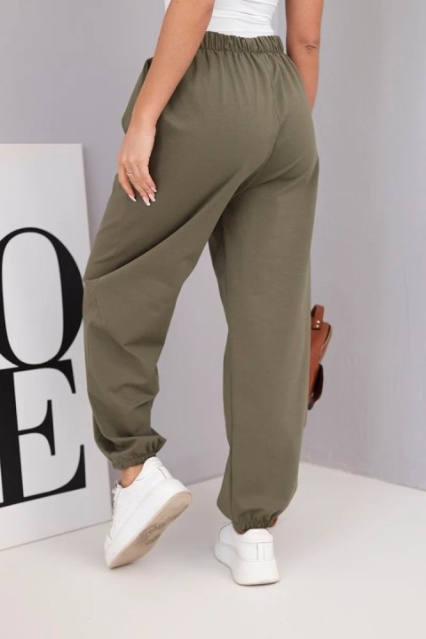 Spodnie damskie bawełniane z wysokim stanem i ozdobnym guzikiem khaki