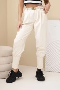 Spodnie damskie bawełniane z wysokim stanem i paskiem beżowa