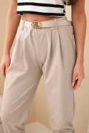 Spodnie damskie bawełniane z wysokim stanem i paskiem ciemno beżowa
