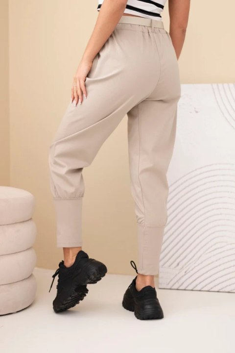 Spodnie damskie bawełniane z wysokim stanem i paskiem ciemno beżowa