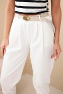 Spodnie damskie bawełniane z wysokim stanem i paskiem ecru