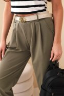 Spodnie damskie bawełniane z wysokim stanem i paskiem khaki