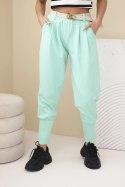 Spodnie damskie bawełniane z wysokim stanem i paskiem miętowe