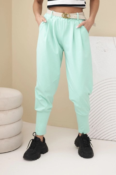 Spodnie damskie bawełniane z wysokim stanem i paskiem miętowe