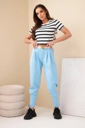 Spodnie damskie bawełniane z wysokim stanem i paskiem niebieskie