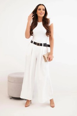 Spodnie damskie z szeroką nogawką i paskiem ecru