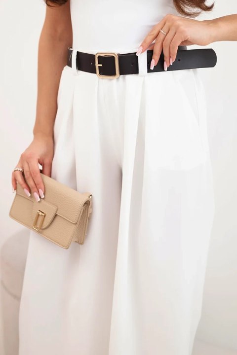 Spodnie damskie z szeroką nogawką i paskiem ecru